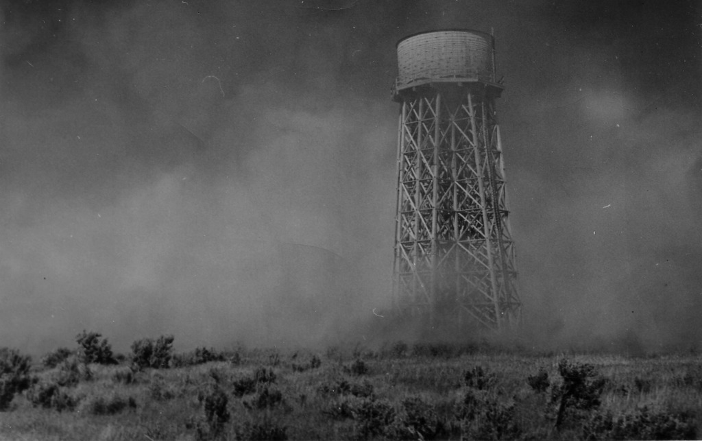 Brush fire in the midsection of camp, 1945. National Records and Archives Administration. 