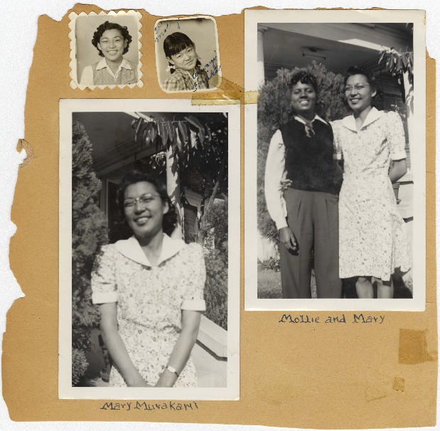 A scrapbook page with four photos of Mollie Wilson and her Japanese American friends.