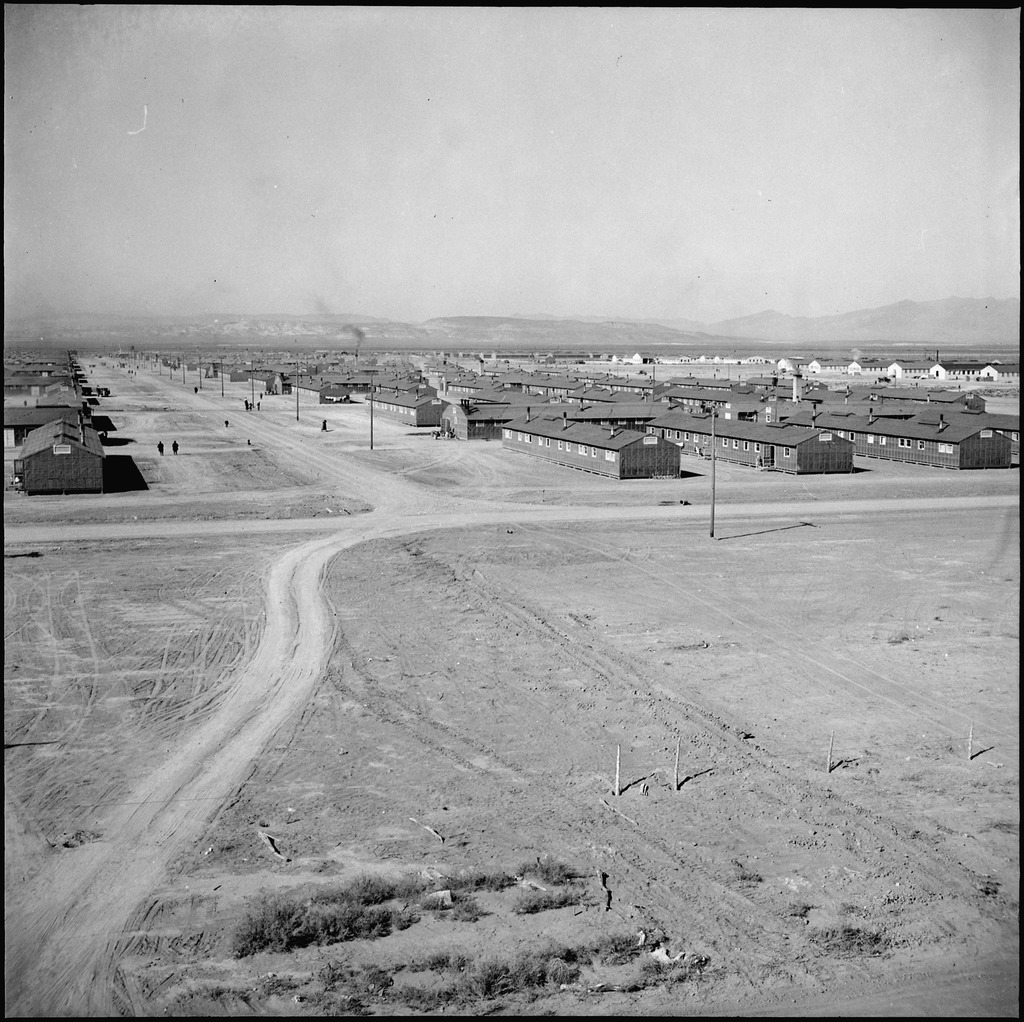 An aerial view of barracks at Topaz concentration camp during WWII.