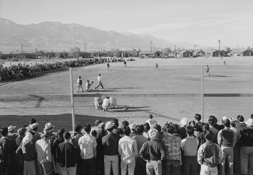 A baseball game at Manzanar concentration camp, 1943. Photo by Ansel Adams. 