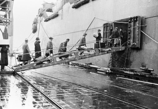 Japanese Americans boarding a ship as they are deported to Japan at the end of World War II.