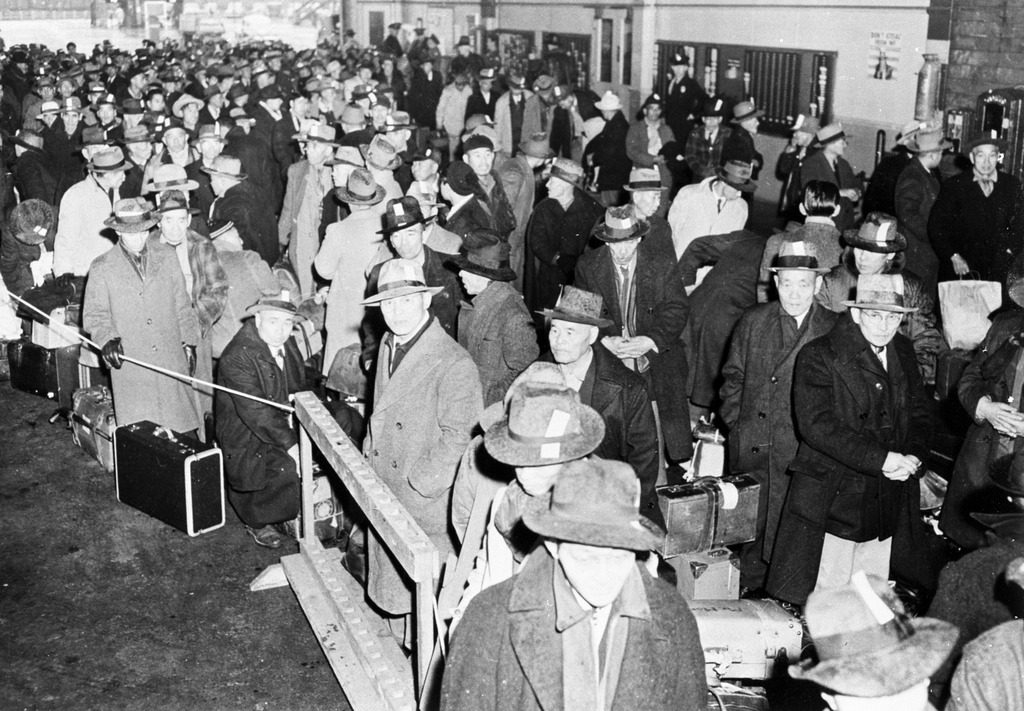 Japanese Americans being processed for deportation to Japan in 1945.