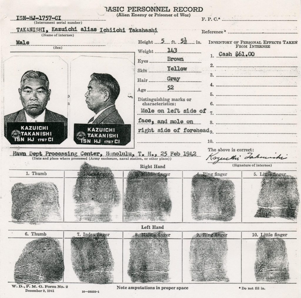 A document with police photos and fingerprints of an Issei man arrested after Pearl Harbor.