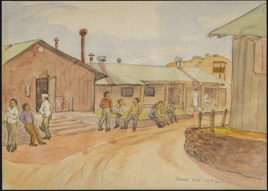 Watercolor illustration of Japanese Americans outside a mess hall at the Santa Fe internment camp.