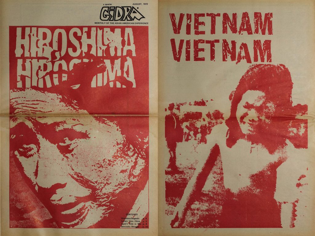 Front and back cover of an issue of Gidra drawing a parallel between the atomic bombing of Hiroshima and the  use of chemical weapons in Vietnam. The front cover is a photo of a Japanese atomic bombing victim with burn scars on her face with the words "Hiroshima Hiroshima." The back cover is a photo of a crying Vietnamese child whose close appear to have been partially burned away by napalm, with the words "Vietnam Vietnam." Both photos are tinted red.