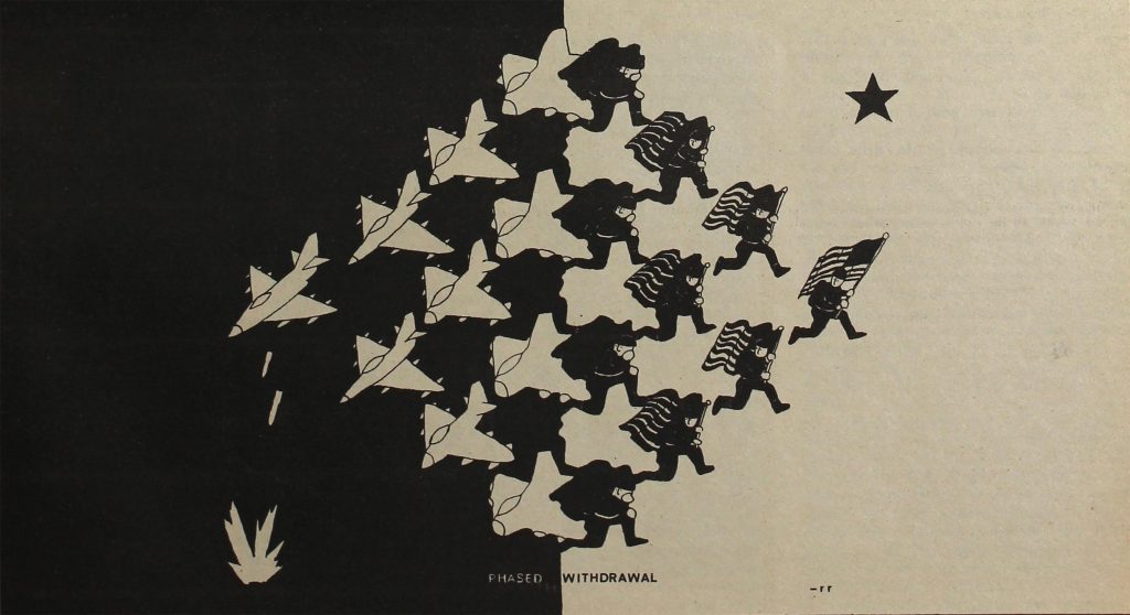 Artwork from a 1973 issue of Gidra critiquing Nixon's "phased withdrawal" policy in Vietnam. It is a tessellated pattern of warplanes dropping bombs and soldiers carrying American flags.