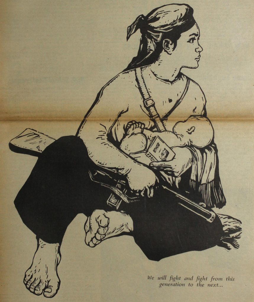 Artwork from the May 1970 issue of Gidra. It is an illustration of a Vietnamese woman holding a machine gun while nursing a baby, with text "We will fight and fight from this generation to the next..."