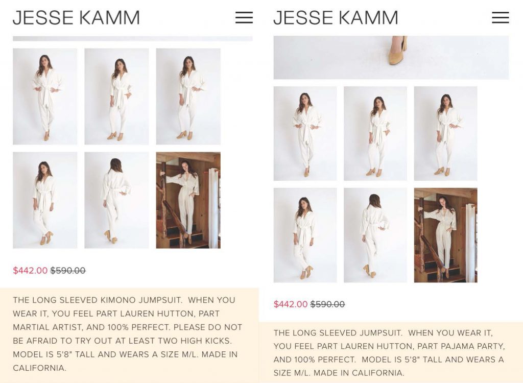 Screenshot of a Jesse Kamm garment originally called a "kimono jumpsuit." After Ito reached out to the company, they changed the name and removed other culturally insensitive language from the description.