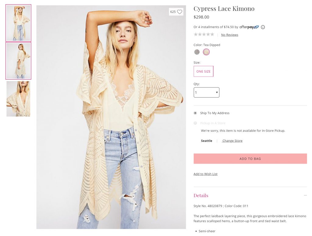 Screenshot of a “kimono” for sale on the Urban Outfitters website. Across the web, consumers can find jackets, coats, sweaters, tops, jumpsuits, and countless other items labeled “kimono”—they rarely bear any resemblance to an actual kimono.