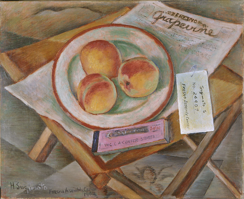 Still life painting by Henry Sugimoto showing a plate of peaches sitting next to a copy of the Fresno Grapevine, an "evacuation" tag, and a ration booklet.