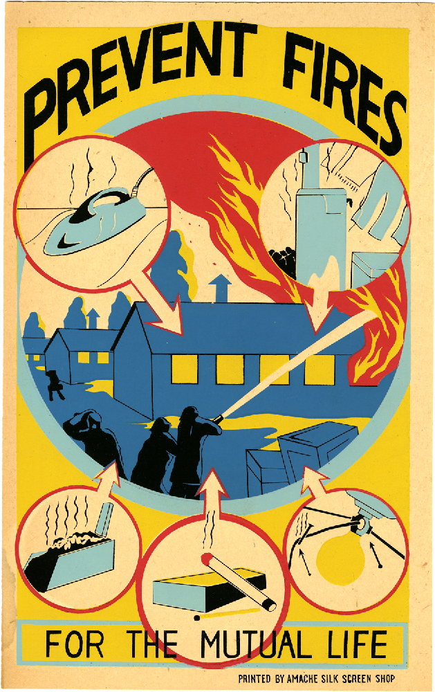 Poster promoting fire safety. Poster reads "Prevent fires for the mutual life." Main image shows firefighters putting out a fire in the barracks from the street. Five roundels show examples of high hazard fire scenarios and each has an arrow pointing toward the central image. The top left shows a steam iron left unattended pressed on a piece of clothing. The top right roundel shows a water heater boiling with clothes hanging dangerously close to it. The bottom right image shows a hot nail that appears to have fallen from a light fixture burning the rope holding the light fixture in place. The central bottom roundel depicts a cigarette left unattended atop a box of matches. The bottom right roundel depicts ambers of a fire unattended as they smolder. The poster has a yellow background, uses an all upper cases black font for its text and uses shades of blue, red, yellow, black and off-white in its images.