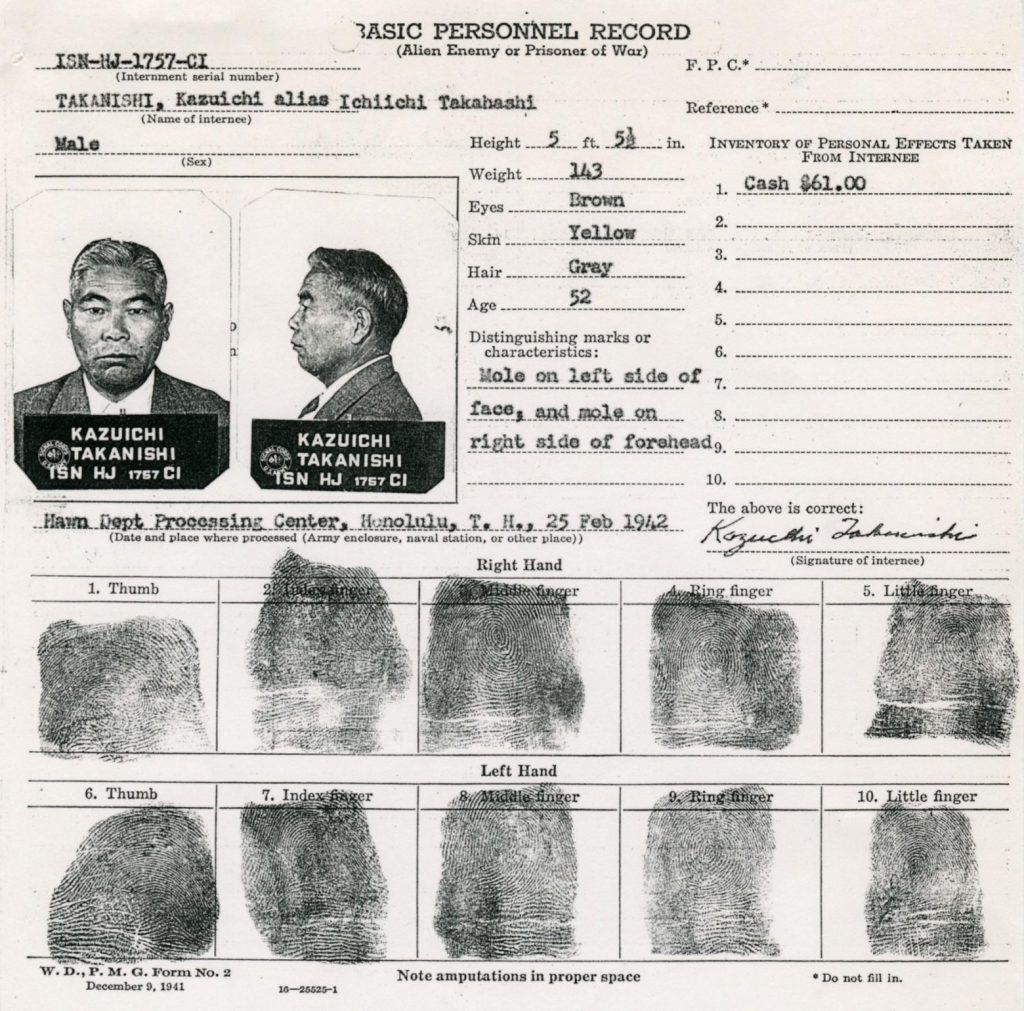 Copy of the personnel record of a Japanese immigrant arrested on February 25, 1942. The document is titled "BASIC PERSONNEL RECORD (Alien Enemy or Prisoner of War)" and lists the man's name, physical characteristics, personal effects. Also shown are his mug shots and fingerprints.