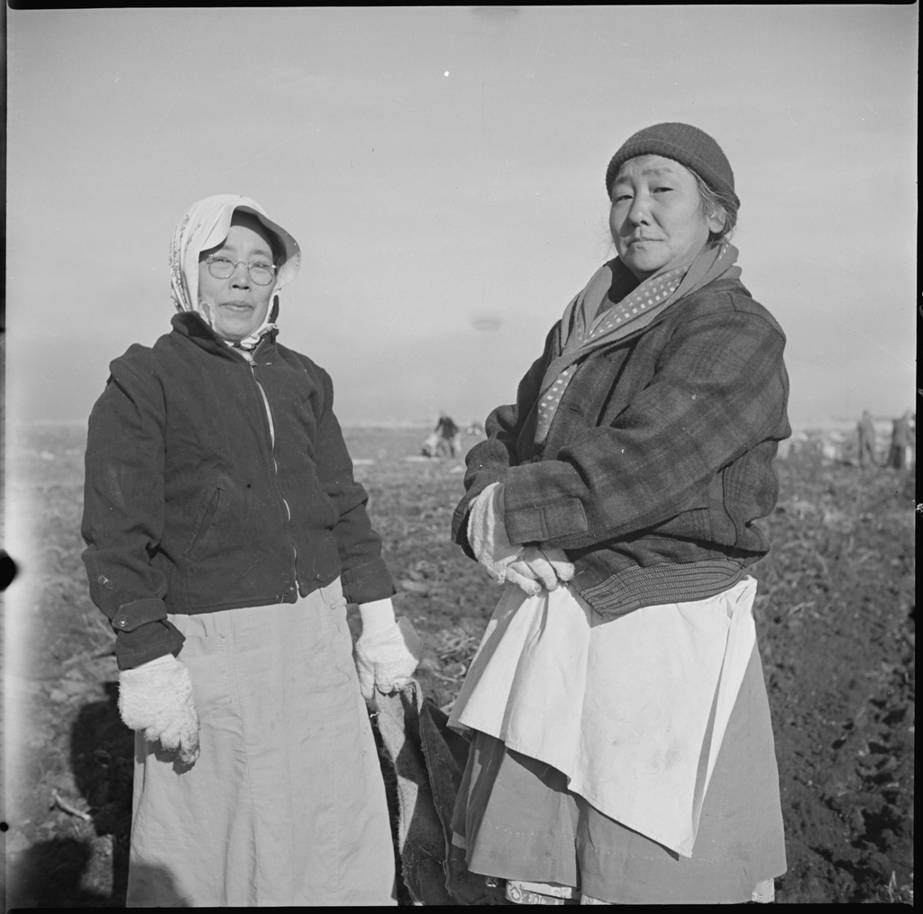 Black and white photo of two Japanese American women pausing from harvesting potatoes at Tule Lake concentration camp. They are wearing hats gloves, and coats over work aprons, and looking at the camera. Behind them are other Japanese Americans working in a field.