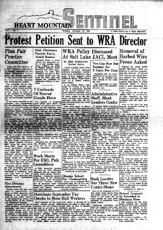 The front page of a newspaper published in Heart Mountain concentration camp during WWII. The title of the paper, "Heart Mountain Sentinel" and an illustration of Heart Mountain appear at the top of the page, and the top headline reads, "Protest Petition Sent to WRA Director."