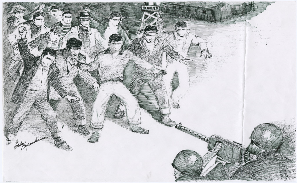 A hand-drawn illustration depicting the Manzanar riot/uprising.  In the lower right corner are two soldiers pointing a machine gun at a crowd of Japanese Americans, depicted in the upper left. Several of the inmates are holding rocks and taking aim at the soldiers. In the background are a guard tower and two barracks.