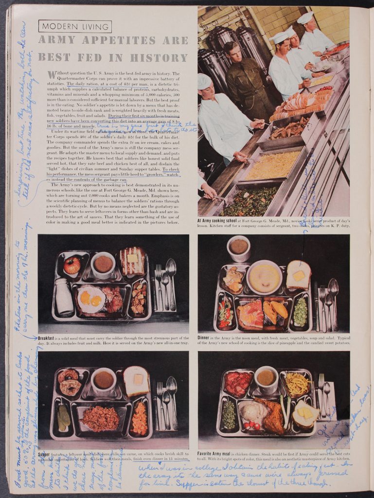 A page from a magazine with the header "ARMY APPETITES ARE BEST FED IN HISTORY" and five color photographs of army cooks preparing food and examples of meals served to soldiers during training. A soldier has written notes about the food in the margins in blue ink.