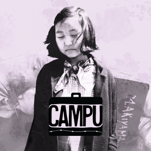 Campu cover art with a pink color overlay and a young Japanese American girl with her eyes closed. There are piles of luggage behind her.