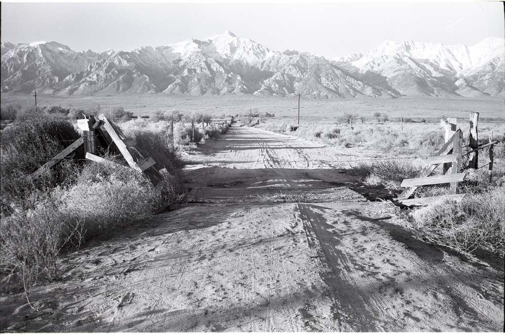 View of the Sierra Nevada mountains over a dirt road leading out of Manzanar
