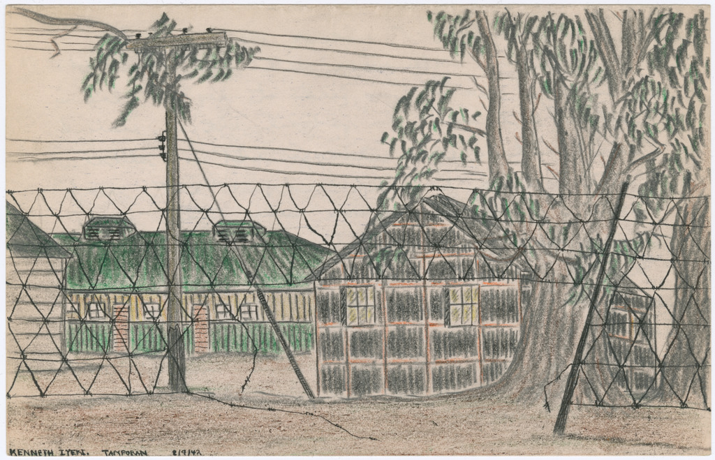 A drawing of two barracks buildings behind a fence at Tanforan. There is a green building that was used as housing for incarcerees and a building covered in tarpaper that contains the latrines.