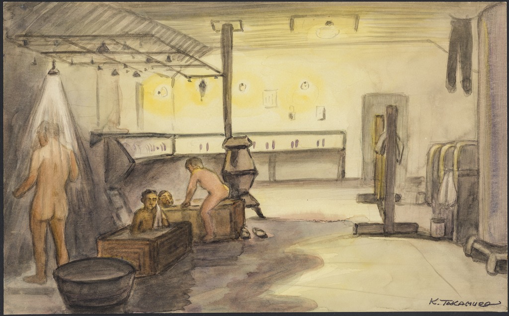 Painting of men using in a latrine at Santa Fe Internment Camp. One man is standing under the shower and three others are in wooden soaking tubs.