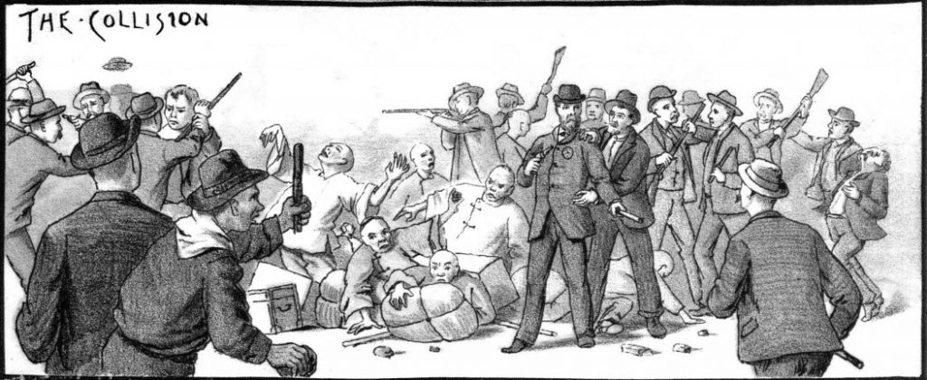Black and white illustration of white mobs attacking Chinese immigrants in Seattle in 1886. A heading that reads "The Collision" is in the upper left corner.