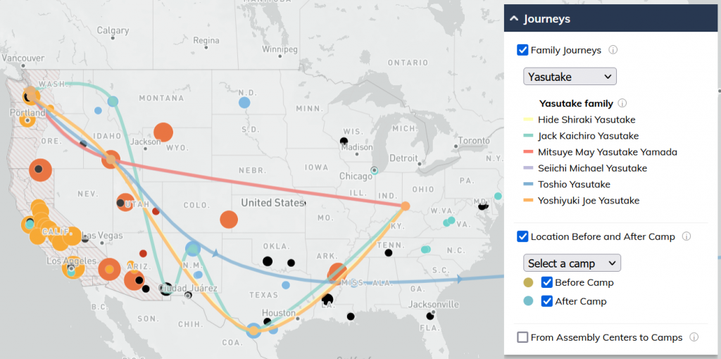 A map of the United States with large orange dots indicating WWII incarceration camps and colorful lines showing the journeys of members of the Yasutake family from their home in Seattle to detention sites and post-war destinations.