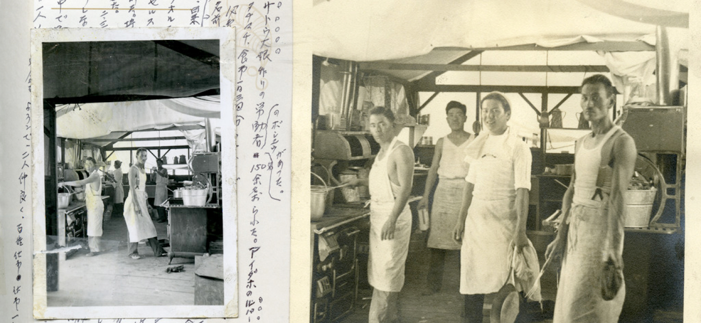 Two photos of workers in a kitchen, along with a letter in Japanese behind it.