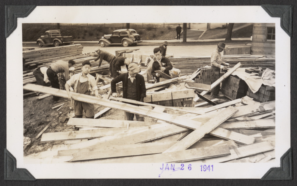 Workers and building materials at the construction site of the Betsuin’s second (and current) location at 1427 Main Street in Seattle. January 26, 1941.