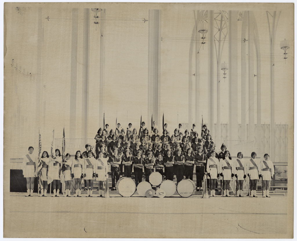 Group photograph of the Drum and Bugle Corps and All-Girl Color Guard outside the Pacific Science Center in Seattle, c. 1965.