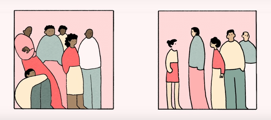 Still from short animated film on the model minority myth. Two groups of people, one Black and one Asian, are being contained in two boxes that keep them separated from each other.