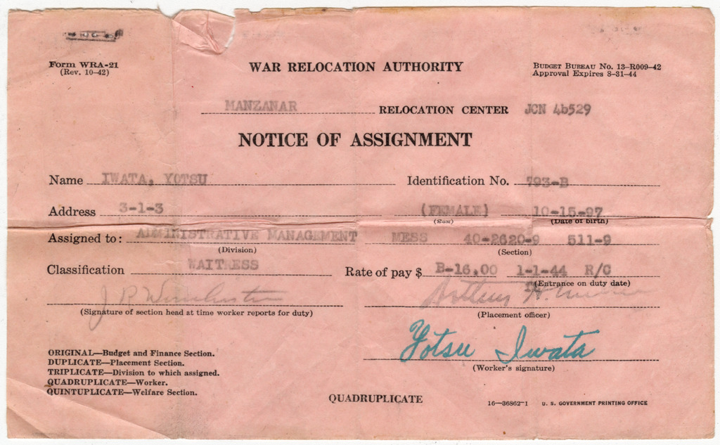 A notice of assignment for Yotsu Iwata to work as a mess hall waitress while incarcerated at Manzanar.