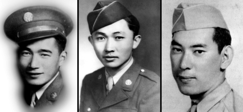 Portraits of William Nakamura, Kiyoshi Muranaga and Robert T. Kuroda side by side. All three are wearing military uniforms.