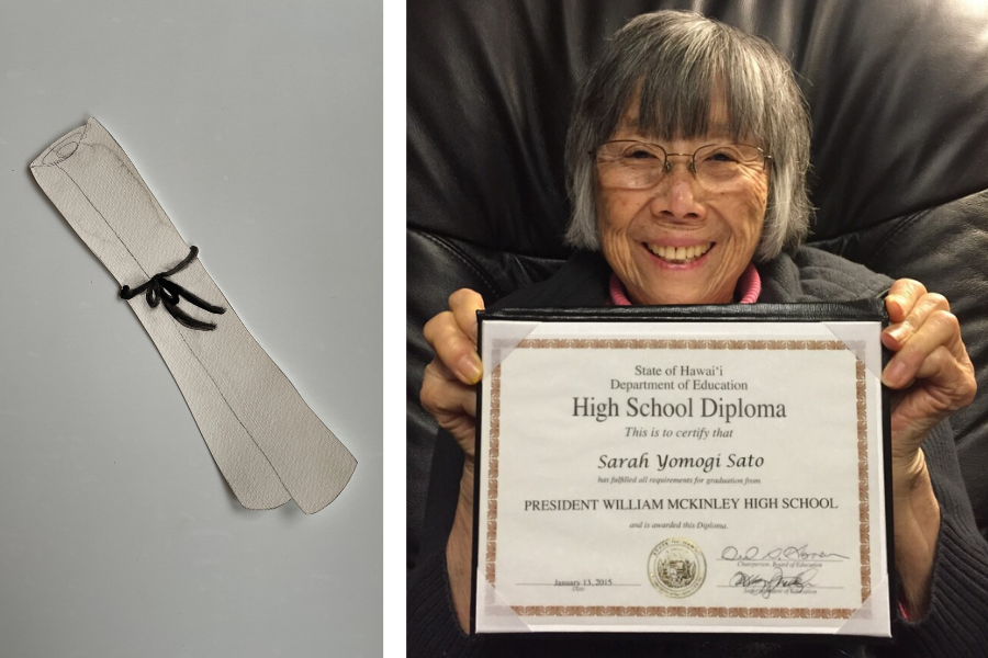 Paper cutout of a rolled up diploma that was incorporated into the memory net and a photo of Sarah Yomogi Sato holding up her honorary diploma in 2015.