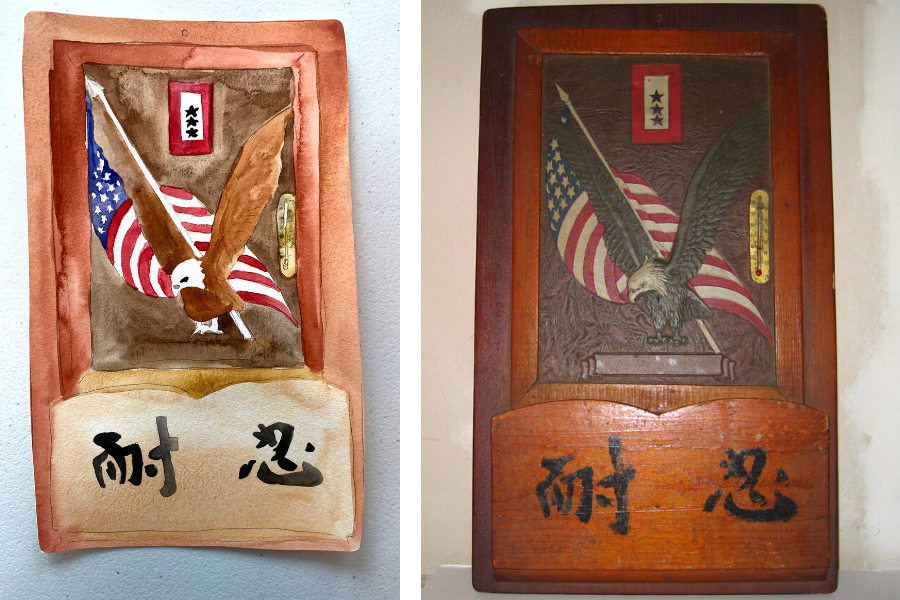 A hand carved wooden note holder made in camp next to a painted paper cutout version used in the memory net. The note holder features a bald eagle in front of an American flag with kanji at the bottom.