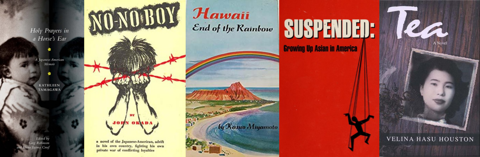 Book covers of several Japanese American novels and memoirs with African American characters.