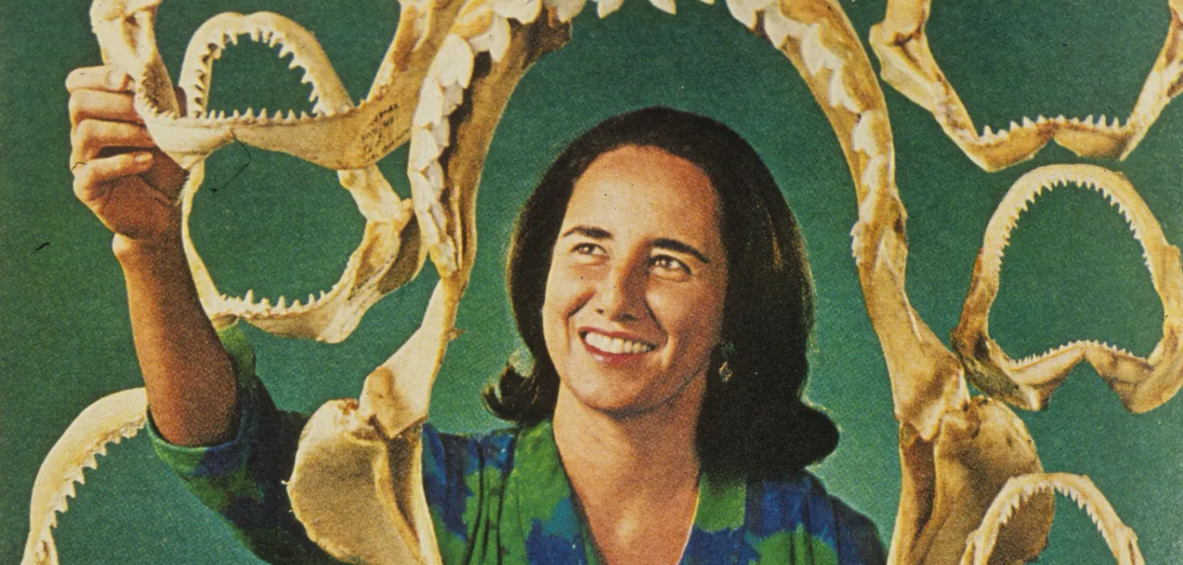 Eugenie Clark surrounded by shark teeth