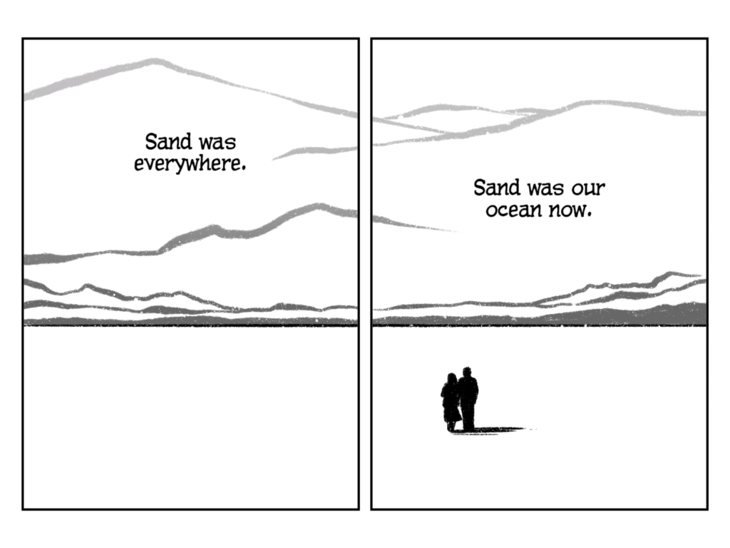 Panels from Tide Goes Out showing a silhouette of two people standing in a barren landscape with mountains in the distance. Text reads "Sand was everywhere. Sand was our ocean now."