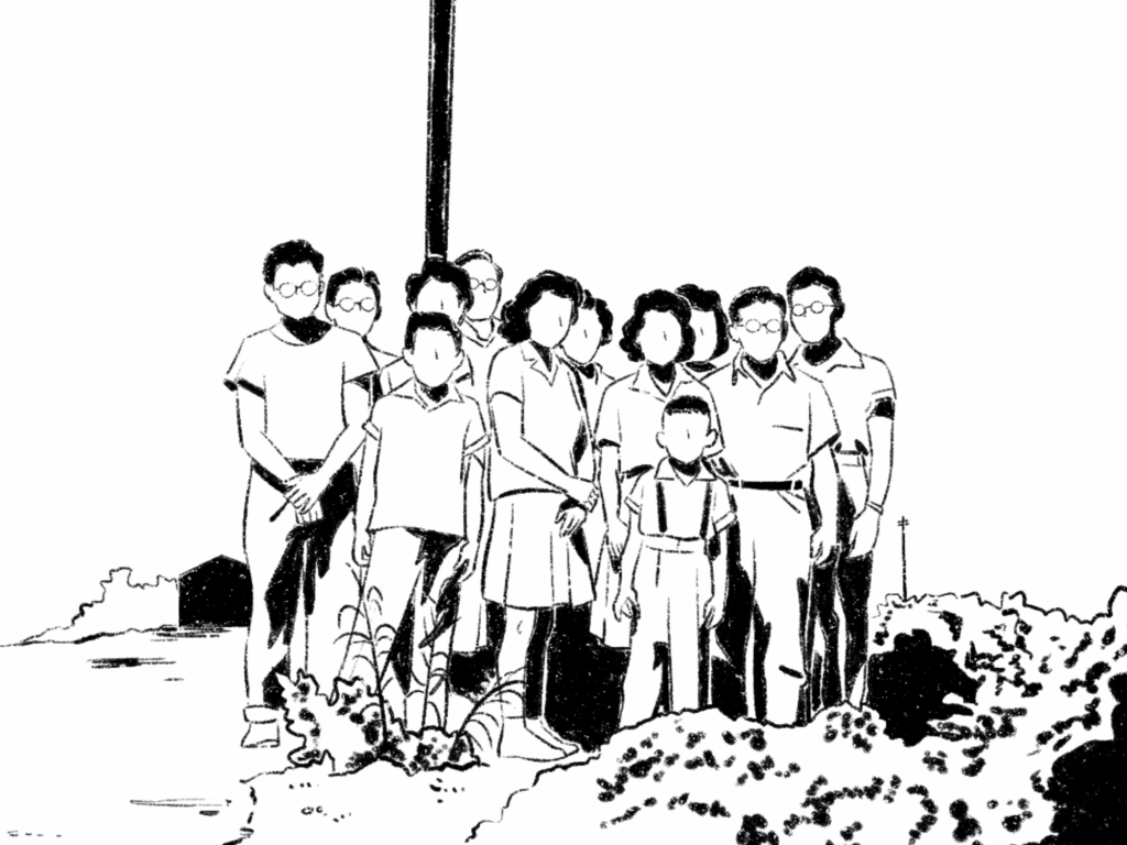Illustration showing a large Japanese American family on the shores of Terminal Island.