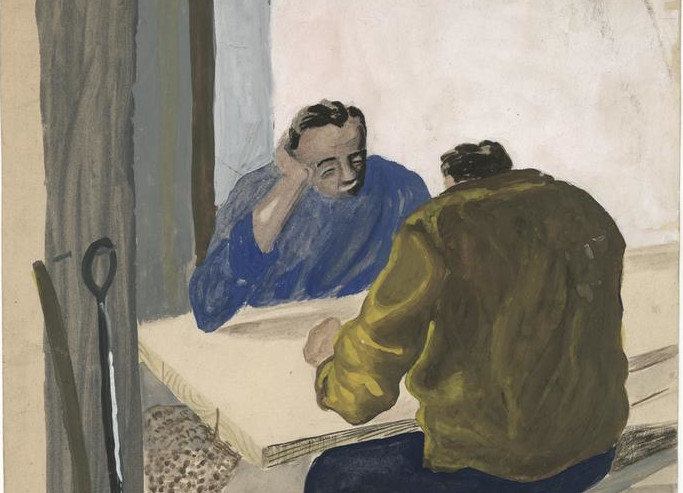 Painting of two men playing go in Minidoka.