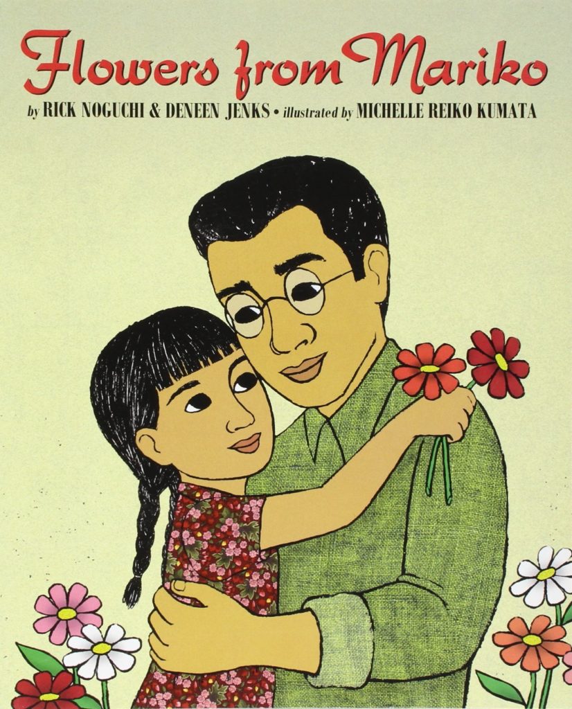 Book cover for Flowers from Mariko with an illustration of a young girl holding flowers and hugging her father.