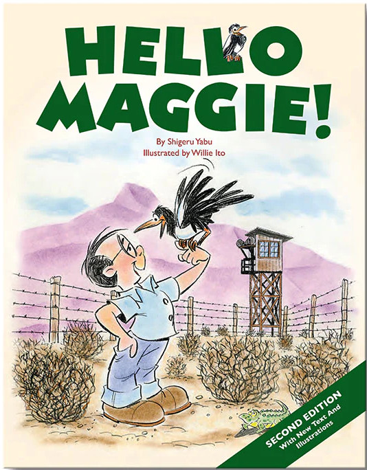 Book cover for Hello Maggie with an illustration of a boy talking to a bird inside a concentration camp