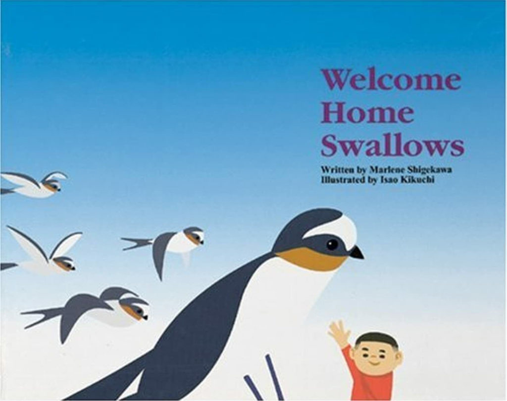 Book cover of Welcome Home Swallows with illustration of swallows flying through a blue sky.