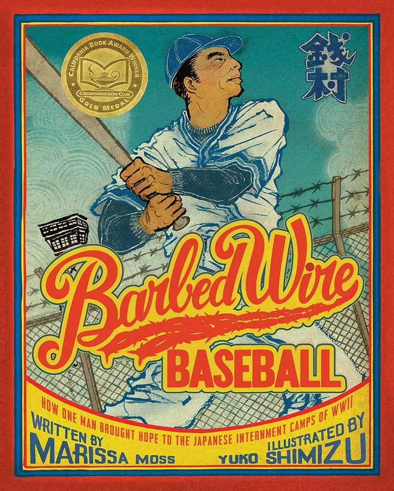 Book cover for Barbed Wire Baseball showing a man playing baseball inside a concentration camp.