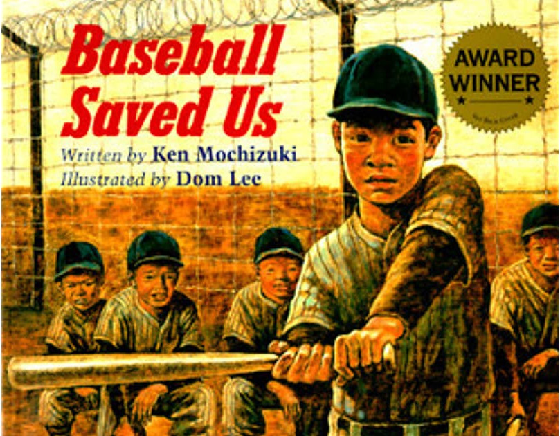 Book cover for Baseball Saved Us. Shows illustration of Japanese American children playing baseball in front of a barbed wire fence.