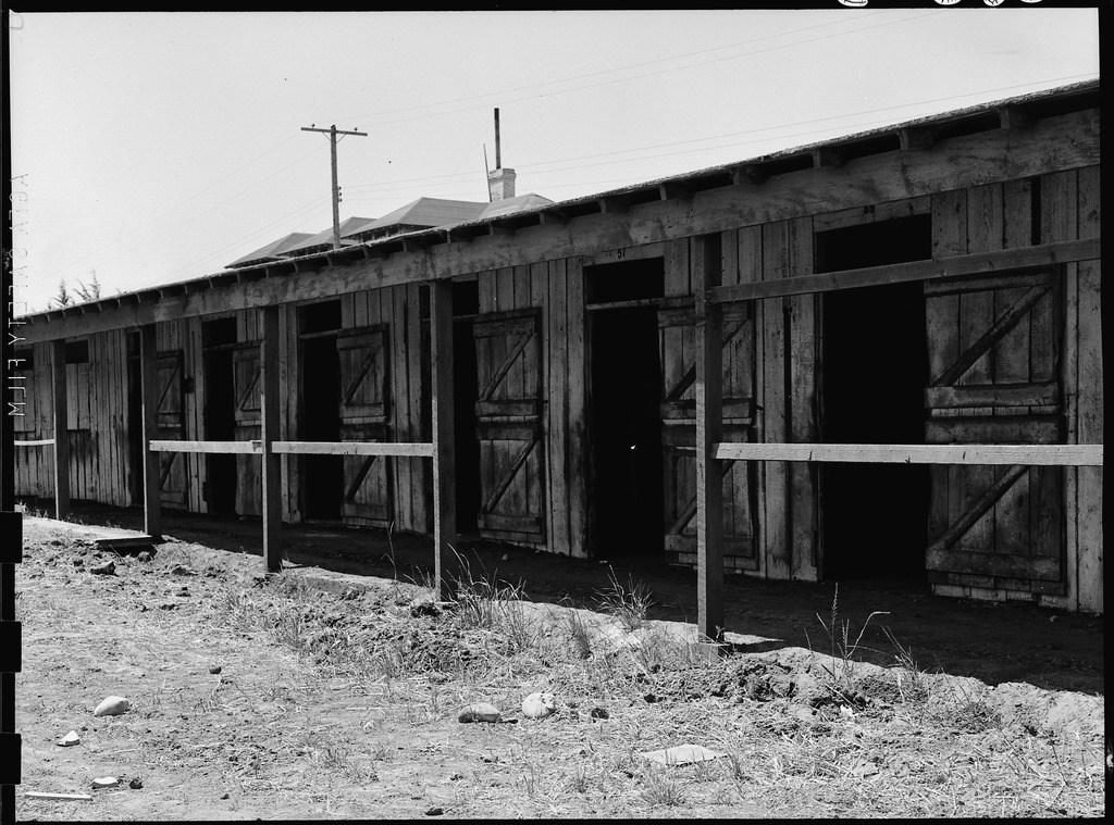 Former horse stalls converted into housing for Japanese American inmates at the Tanforan Assembly Center.