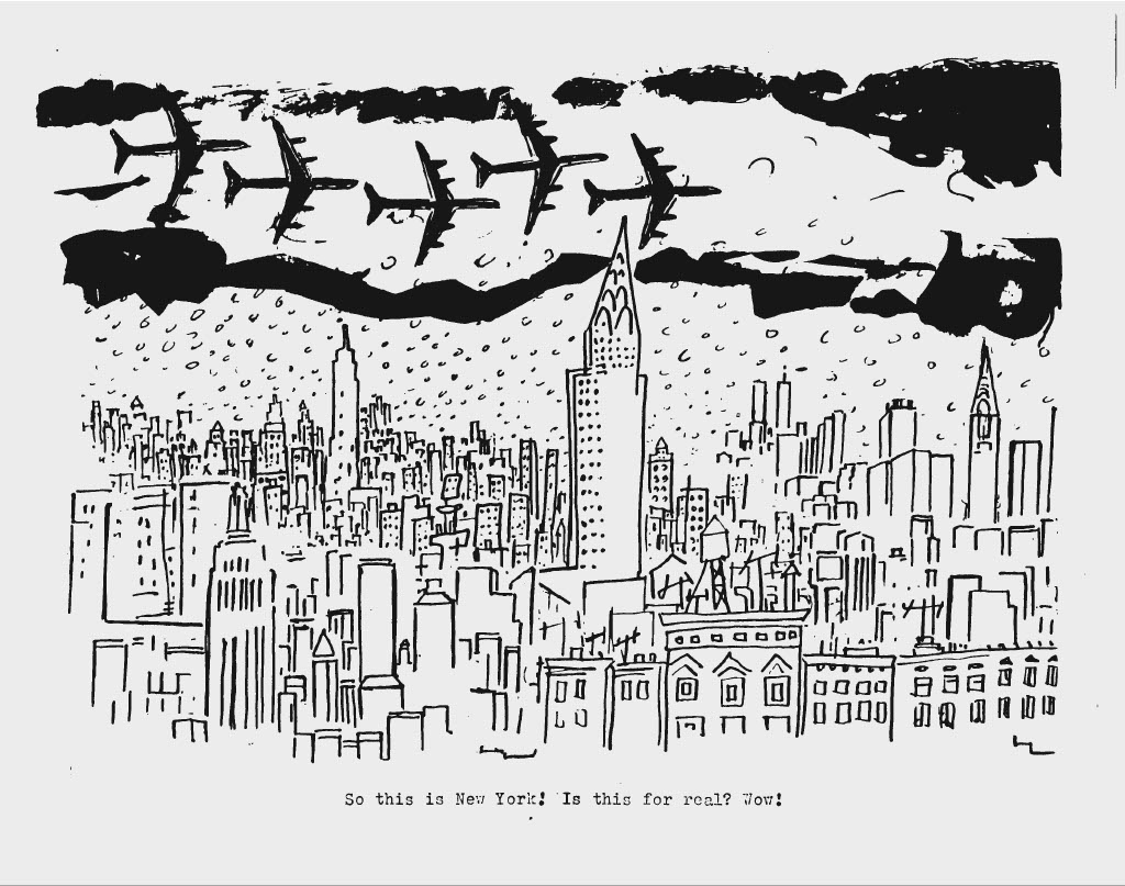 Illustration showing planes flying over the New York skyline in the snow. Caption reads "So this is New York! Is this for real? Wow!"
