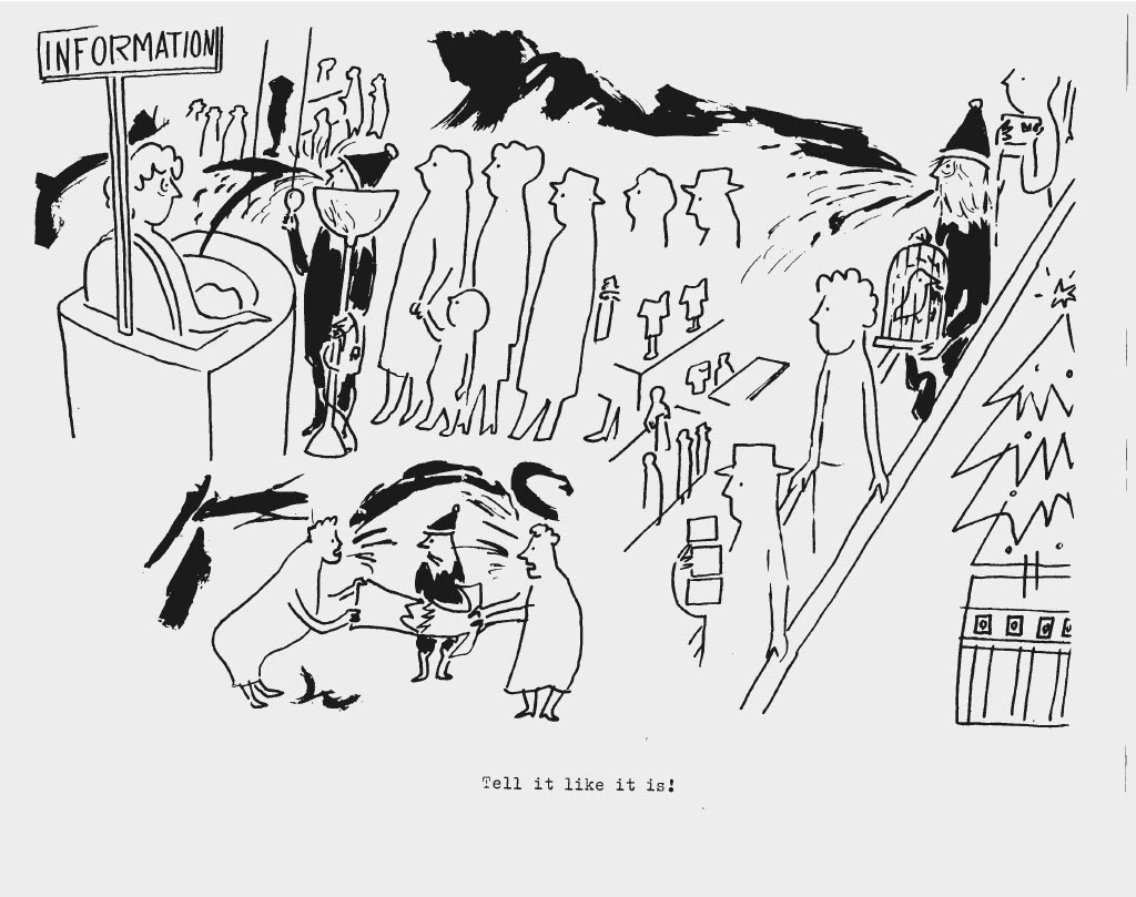 Illustration from "Jingle, Jingle, Jangle" showing the alien Santas interacting with humans at what appears to be a department store and other locations. Caption reads "Tell it like it is!"
