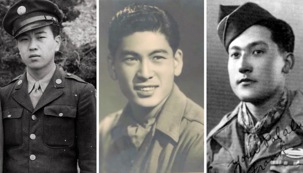 Portraits of Yoshiaki Fujitani, Lawson Sakai, and Frank H. Ono in their military uniforms as young men.