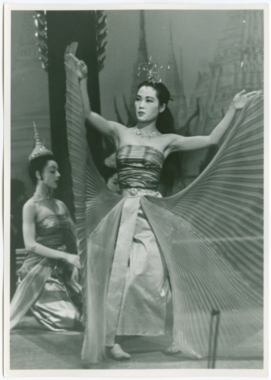 Michiko Iseri dancing in costume during a 1951 production of The King and I.