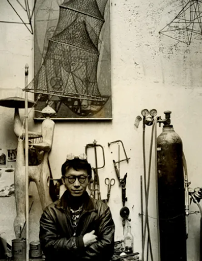 Shinkichi Tajiri standing in front of some of his artwork and tools in his Paris studio in 1952.